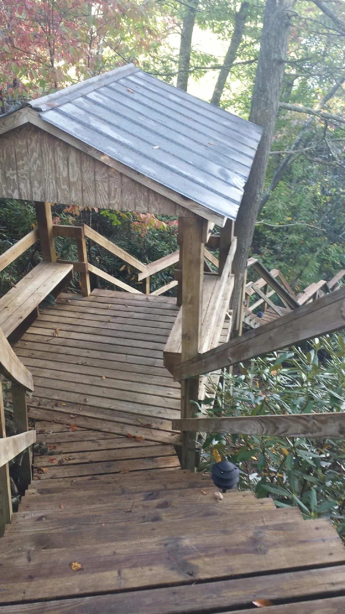 Metal roofed shelter over wooden steps on a wooded walkway — Skylight Repair & Installation work by our crew in De Witt